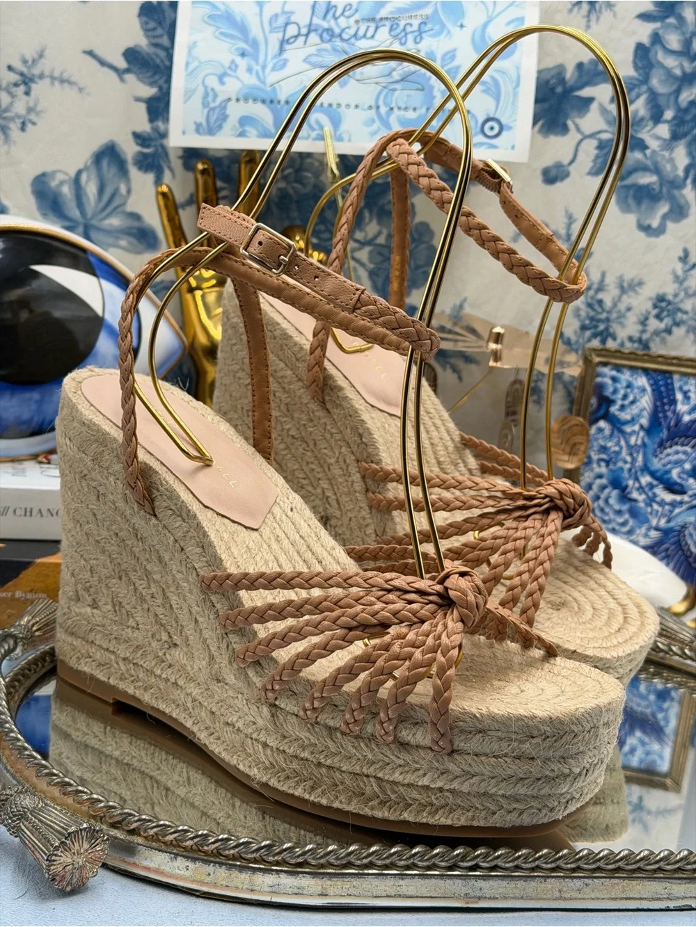 🆕 LOEFFLER RANDALL 🧿 NWOB Pamela Mignon Knot Braid Leather Wedge, Dune - Sz 9